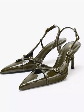 Zara Olive Patent Pointed Slingback Heels